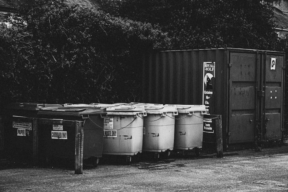 A row of six large, white plastic wheelie bins with closed lids, positioned on a paved ground surface, are arranged in front of a dark metal storage container with double doors. The bins have small wheels at their bases and appear slightly weathered, with some minor dirt marks visible on their surfaces. Each bin is labelled with black and white stickers indicating waste type, such as 'WASTE ONLY' and 'PAPER'. To the left, a black metal barrier with vertical posts and a chain runs parallel to the bins, providing separation from the surrounding environment. Behind the bins and container, dense foliage and trees cast shadows, creating a natural backdrop. The scene is lit with diffuse, ambient daylight, emphasizing the utilitarian nature of the waste management setup. This arrangement reflects an alternative waste collection approach typical of independent rubbish disposal services, like those offered by Waste Disposal Barnet, suited for same-day rubbish removal or private waste handling.